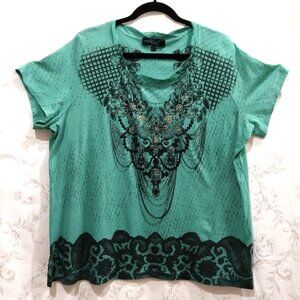 Rhinestone Studded T-shirt 1X Lace Jewelry Print Dressy Grunge Party Glam Green